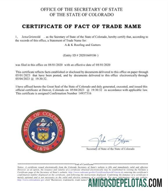 Certificado de fato do nome comercial dos EUA Colorado exemplo real
